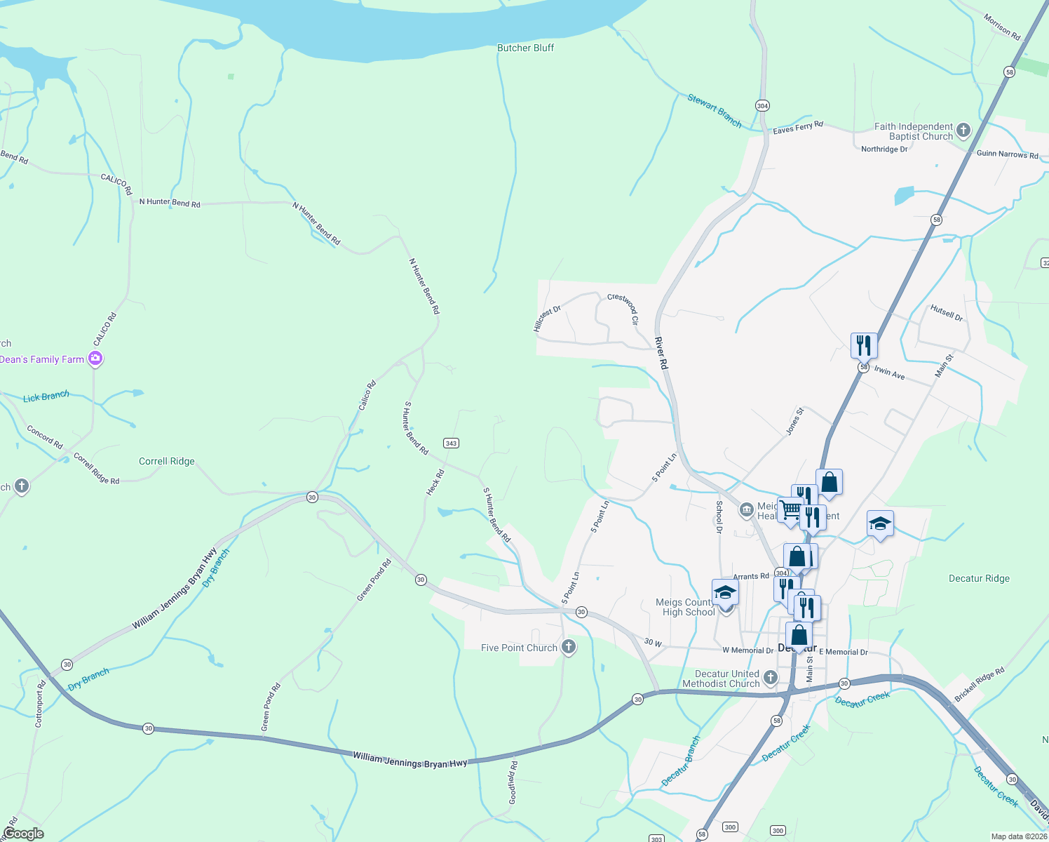 map of restaurants, bars, coffee shops, grocery stores, and more near 206 Amber Trail in Decatur