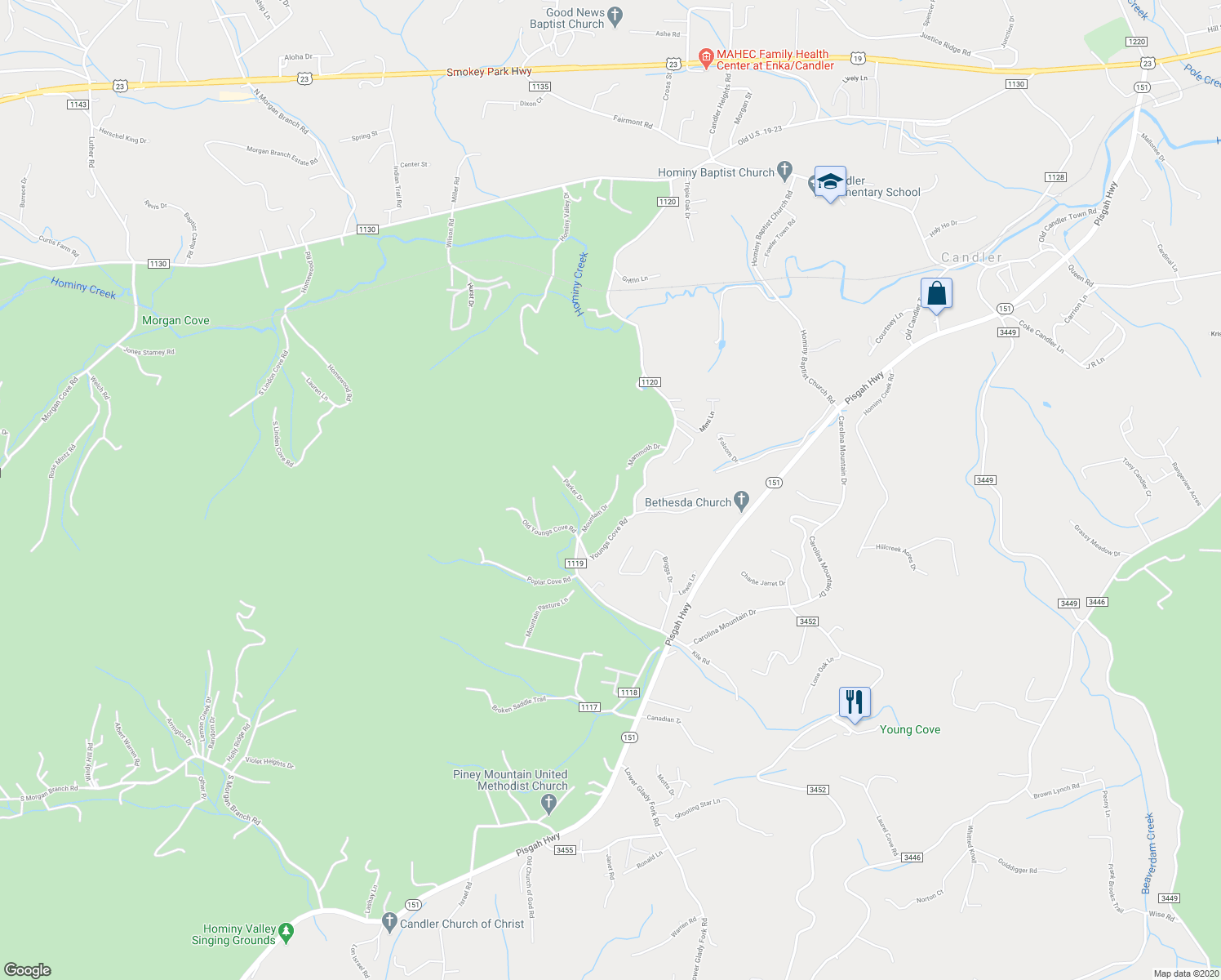 map of restaurants, bars, coffee shops, grocery stores, and more near 16 Mountain Drive in Candler