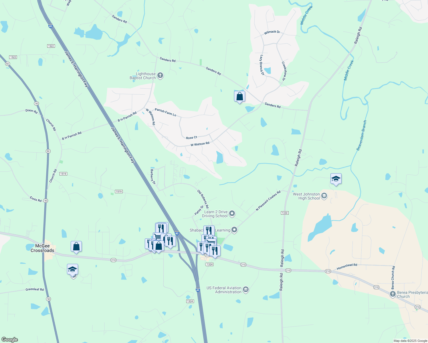 map of restaurants, bars, coffee shops, grocery stores, and more near 381 Gray Ghost Street in Benson