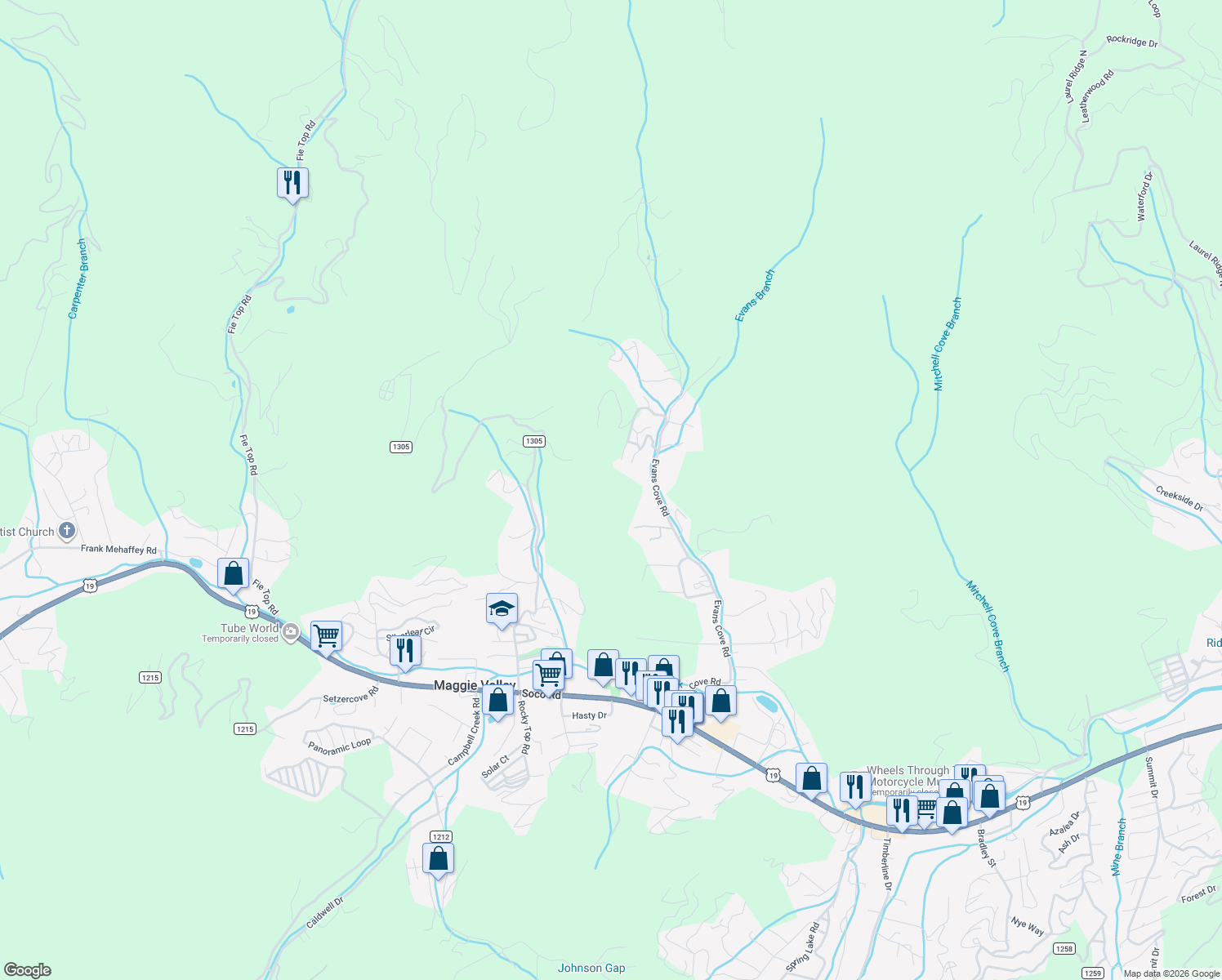 map of restaurants, bars, coffee shops, grocery stores, and more near 841 Evans Cove Road in Maggie Valley