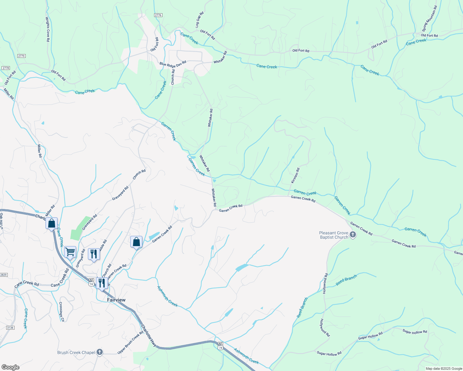 map of restaurants, bars, coffee shops, grocery stores, and more near 34 Whitaker Circle in Fairview