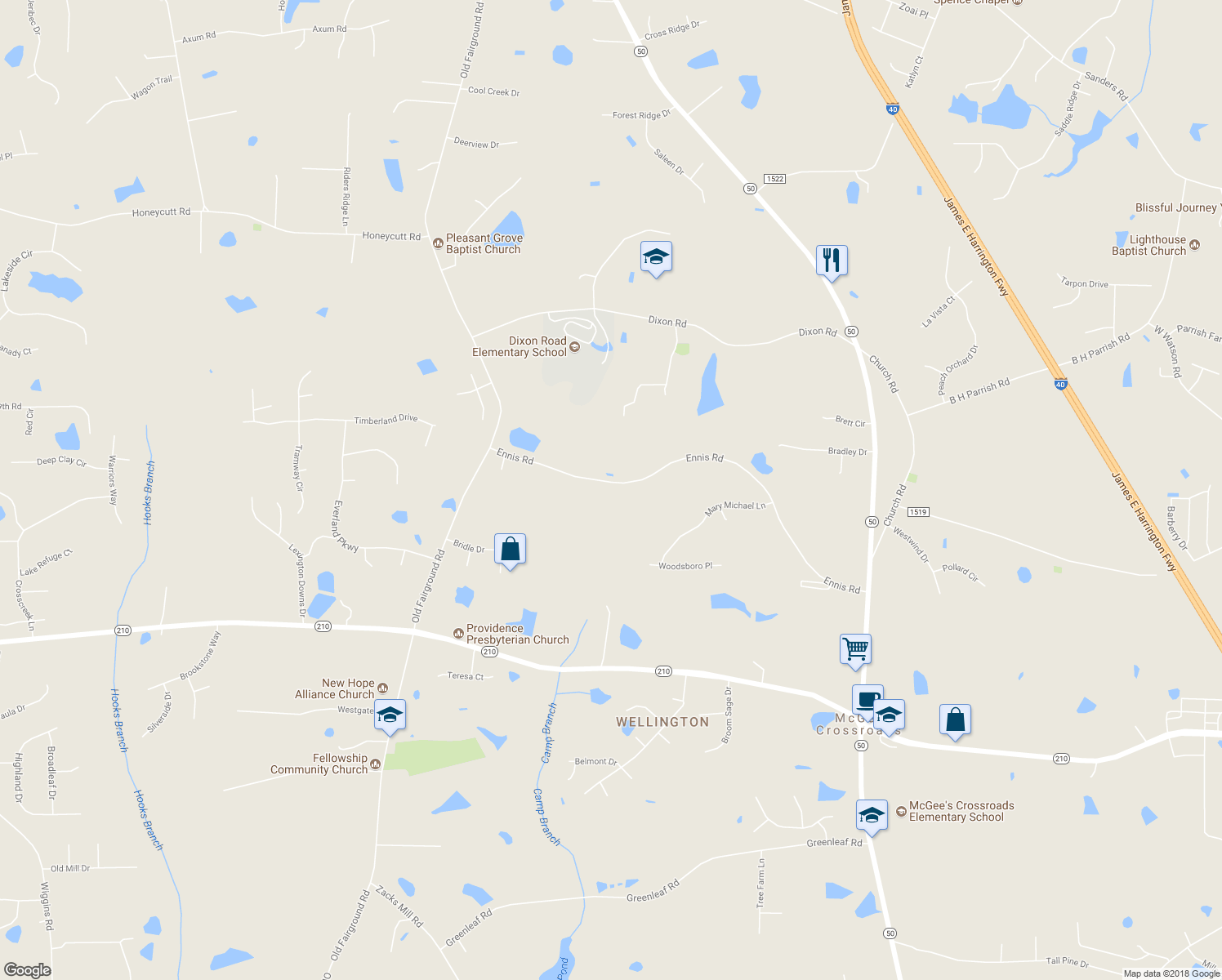 map of restaurants, bars, coffee shops, grocery stores, and more near 955 Ennis Road in Angier