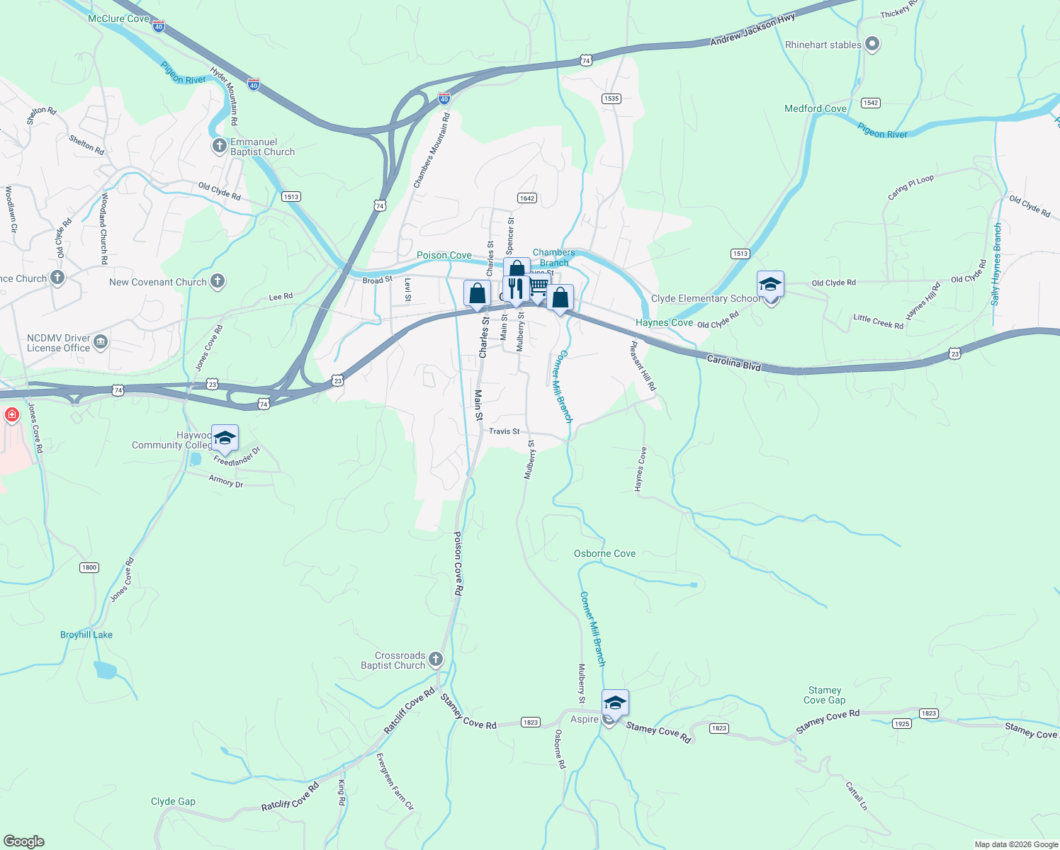 map of restaurants, bars, coffee shops, grocery stores, and more near 539 Mulberry Street in Clyde