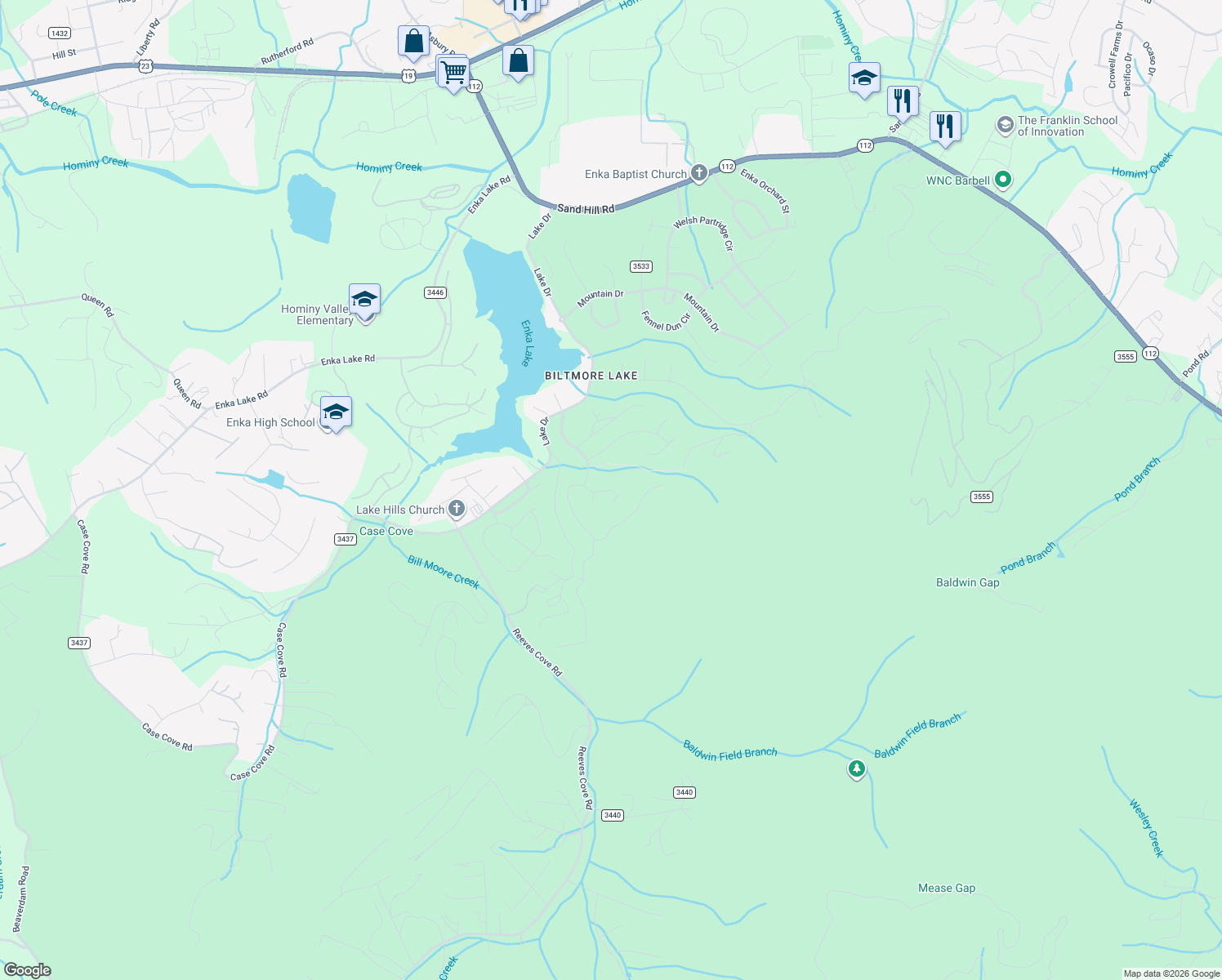 map of restaurants, bars, coffee shops, grocery stores, and more near 6 Larue Court in Buncombe County