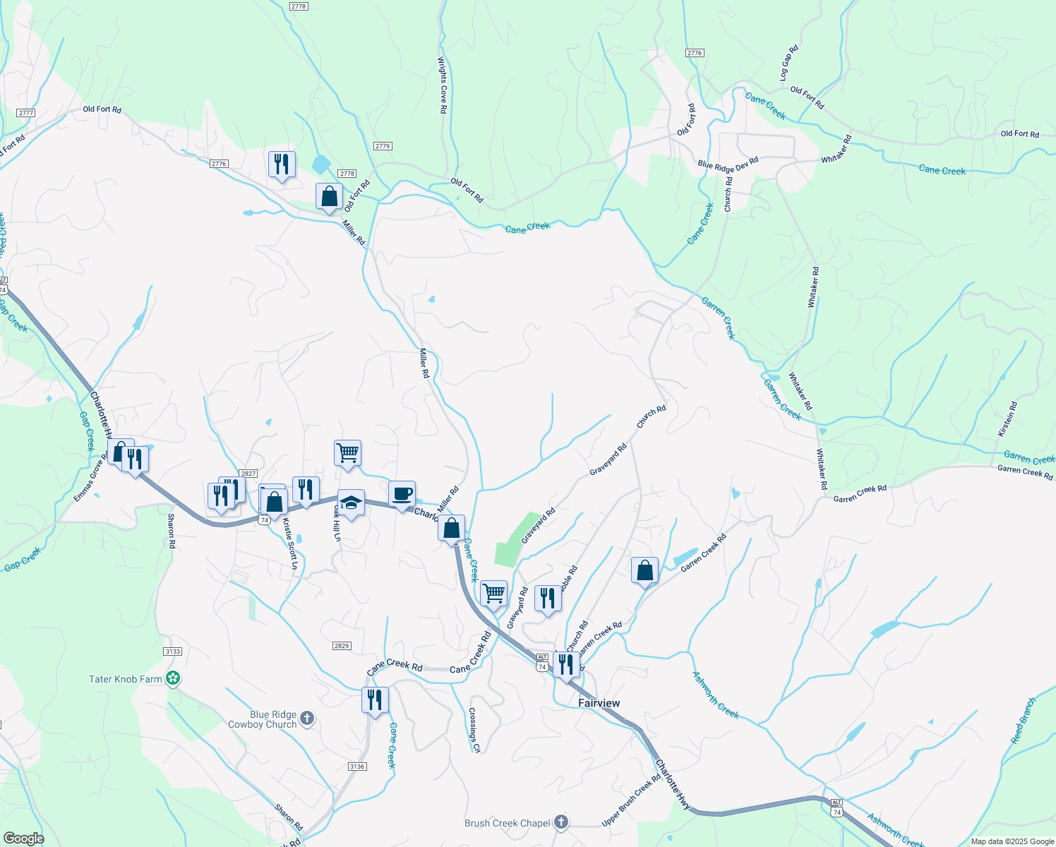 map of restaurants, bars, coffee shops, grocery stores, and more near Graveyard Road in Fairview