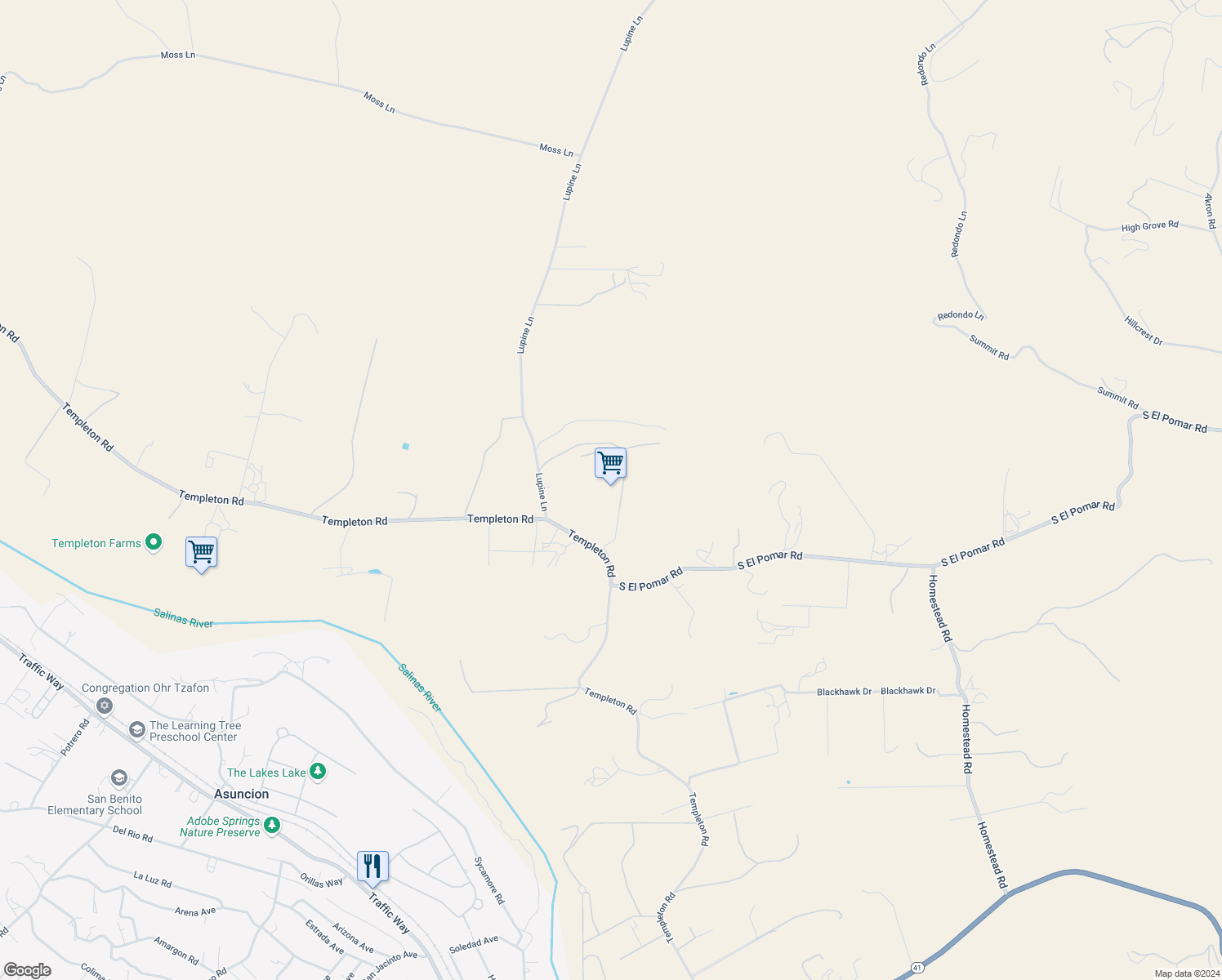 map of restaurants, bars, coffee shops, grocery stores, and more near 2985 Templeton Road in Templeton