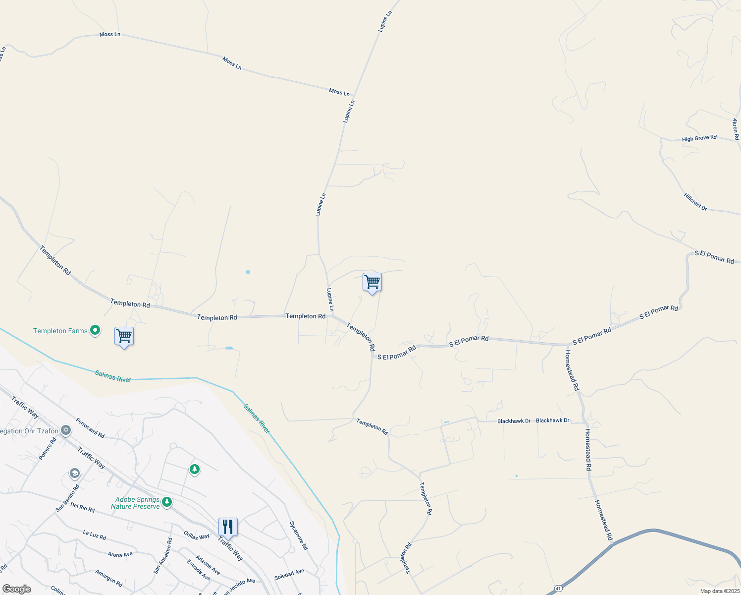 map of restaurants, bars, coffee shops, grocery stores, and more near 2985 Templeton Road in Templeton