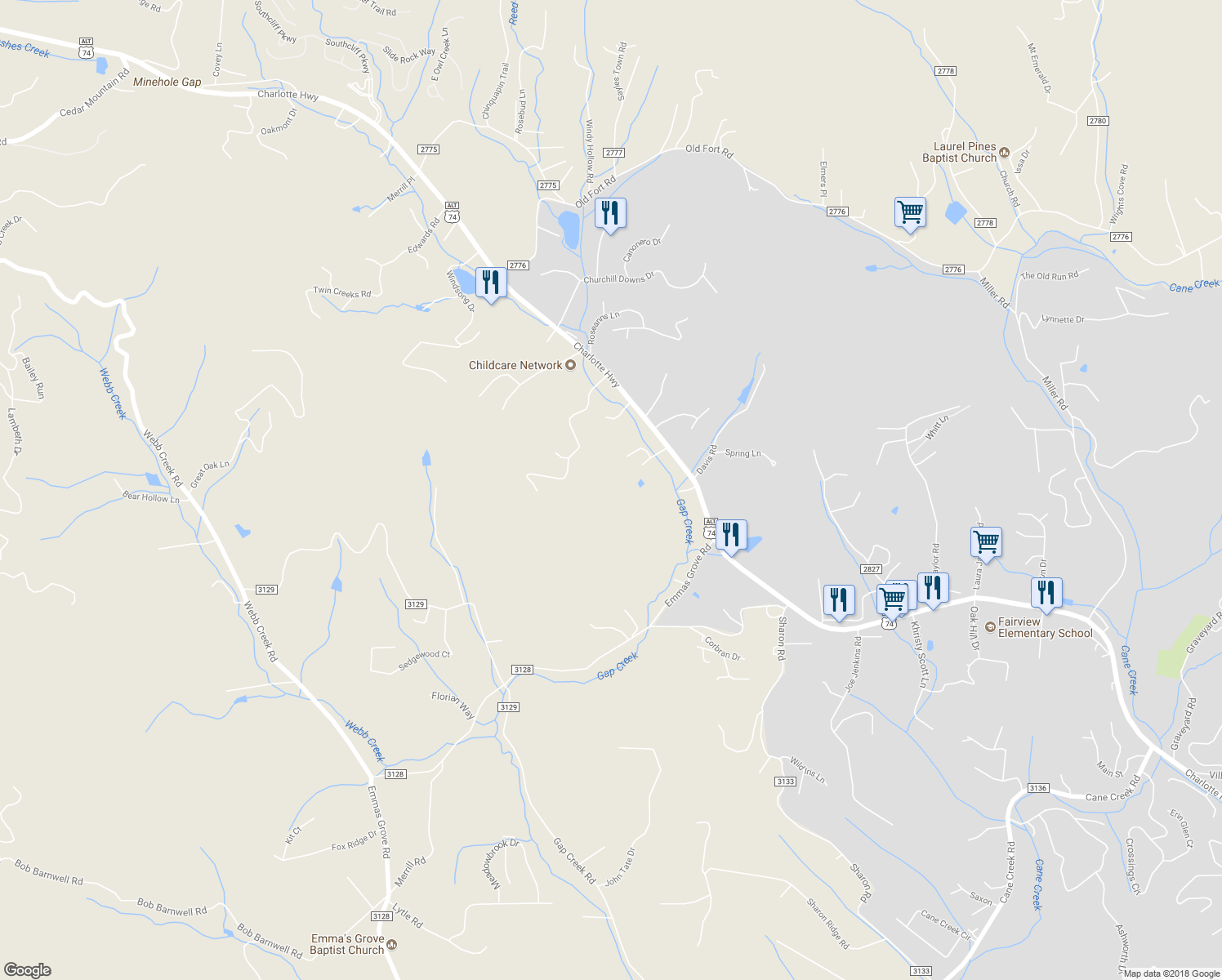 map of restaurants, bars, coffee shops, grocery stores, and more near 44 Chin Hills Lane in Fairview