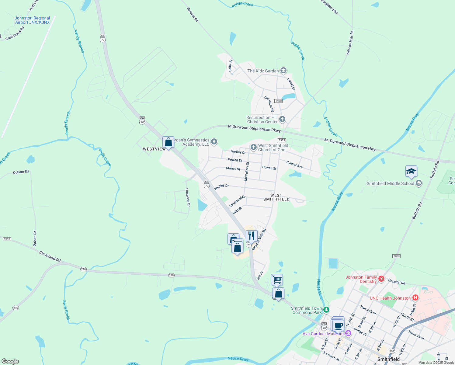 map of restaurants, bars, coffee shops, grocery stores, and more near 212 Whitley Drive in Smithfield