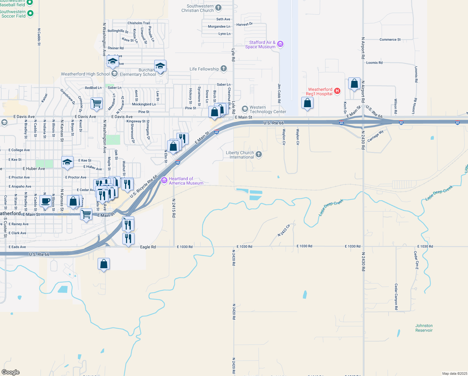 map of restaurants, bars, coffee shops, grocery stores, and more near N2420 Road in Custer County