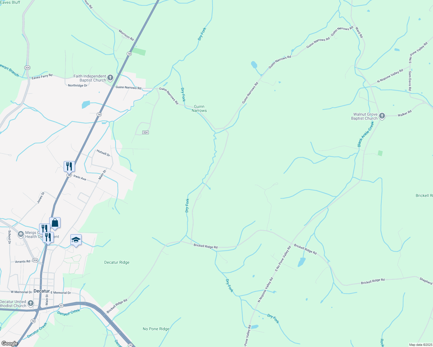 map of restaurants, bars, coffee shops, grocery stores, and more near Guinn Narrows Road in Decatur