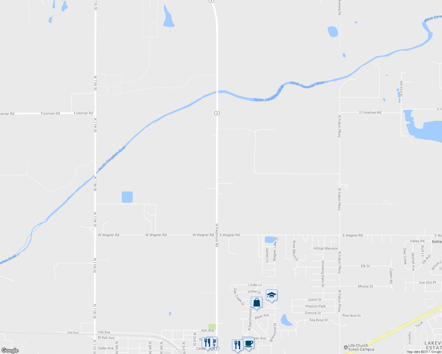 map of restaurants, bars, coffee shops, grocery stores, and more near 1505 North Piedmont Road in Yukon