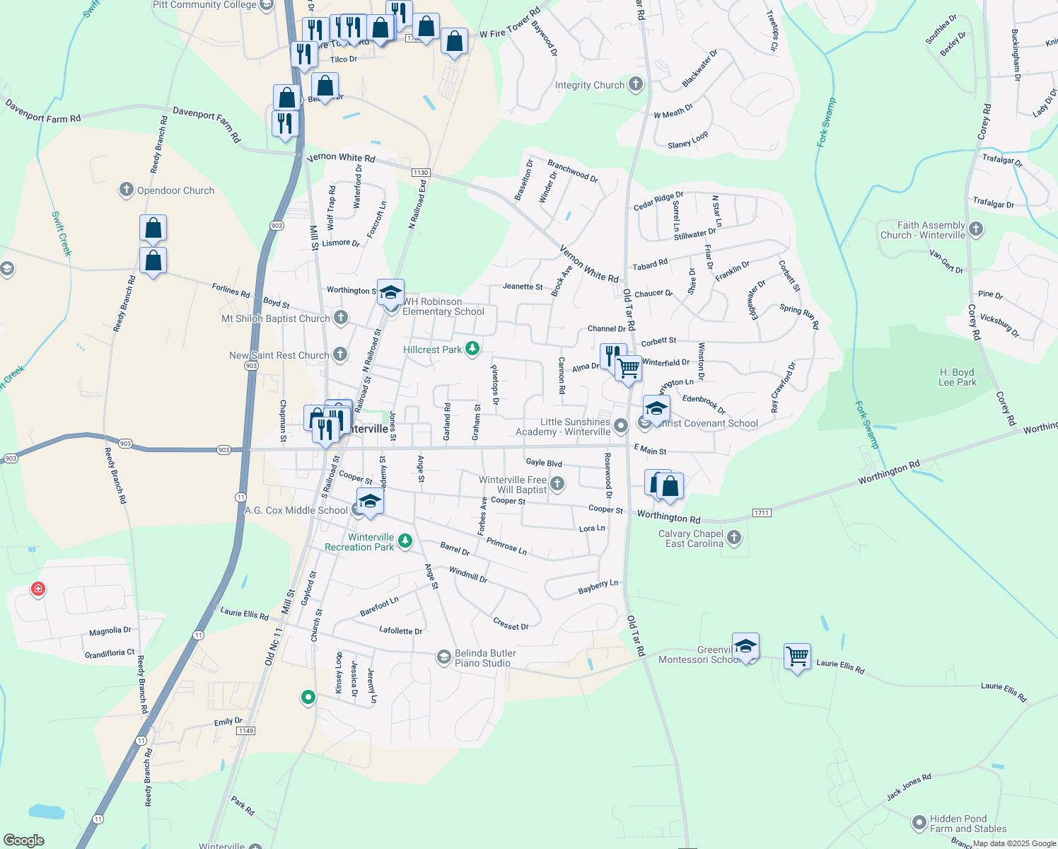 map of restaurants, bars, coffee shops, grocery stores, and more near 365 Gayle Boulevard in Winterville