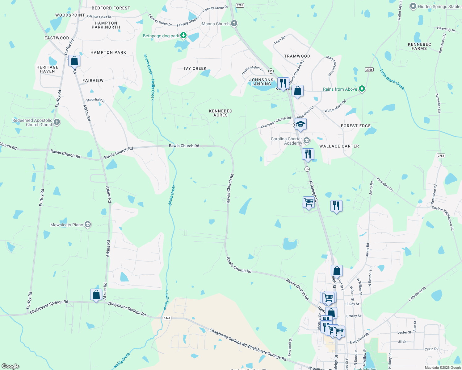map of restaurants, bars, coffee shops, grocery stores, and more near 1576 Rawls Church Road in Angier