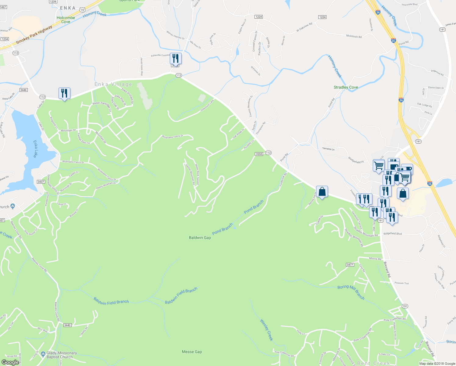 map of restaurants, bars, coffee shops, grocery stores, and more near 124 Brown Road in Asheville