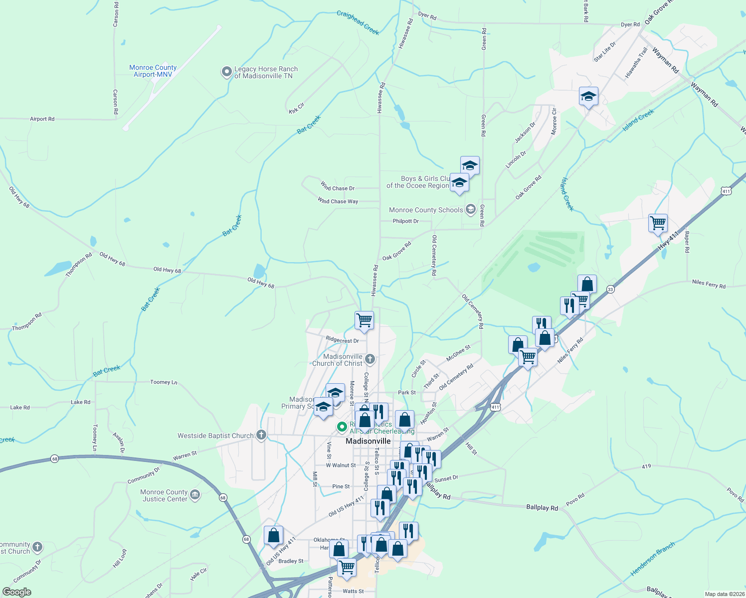 map of restaurants, bars, coffee shops, grocery stores, and more near 632 Hiwassee Rd in Madisonville