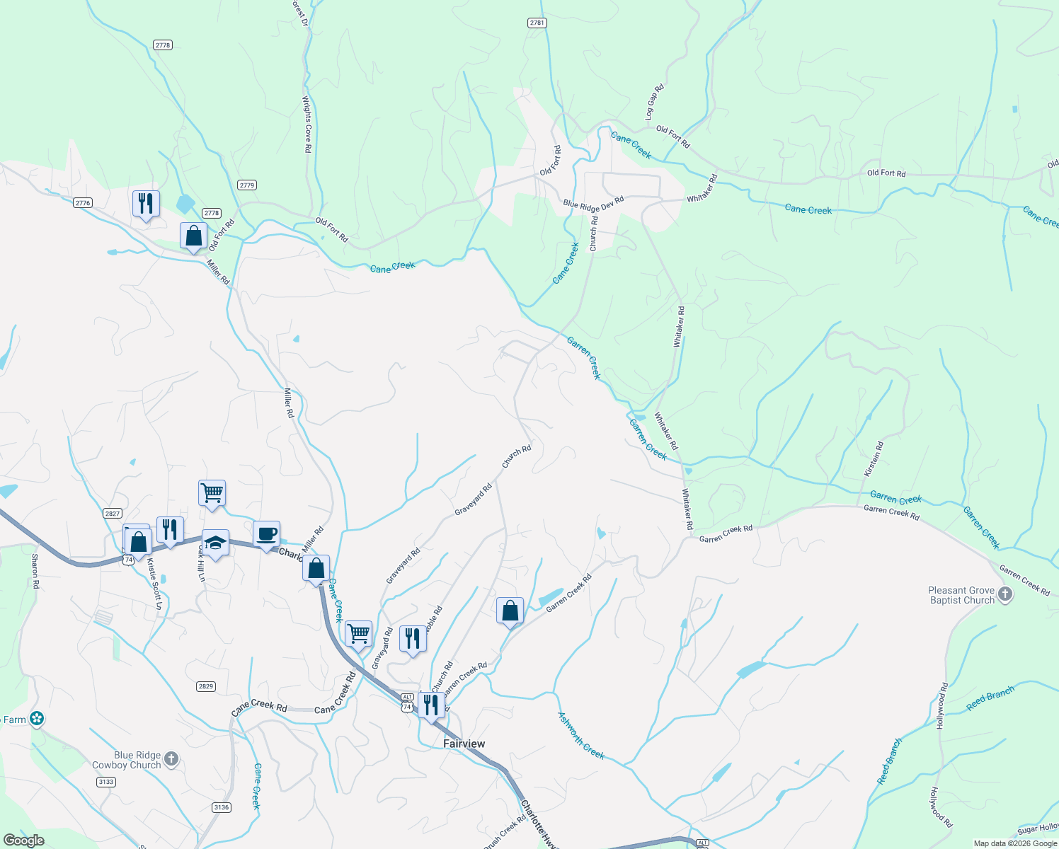 map of restaurants, bars, coffee shops, grocery stores, and more near 15 Sparky Lane in Fairview