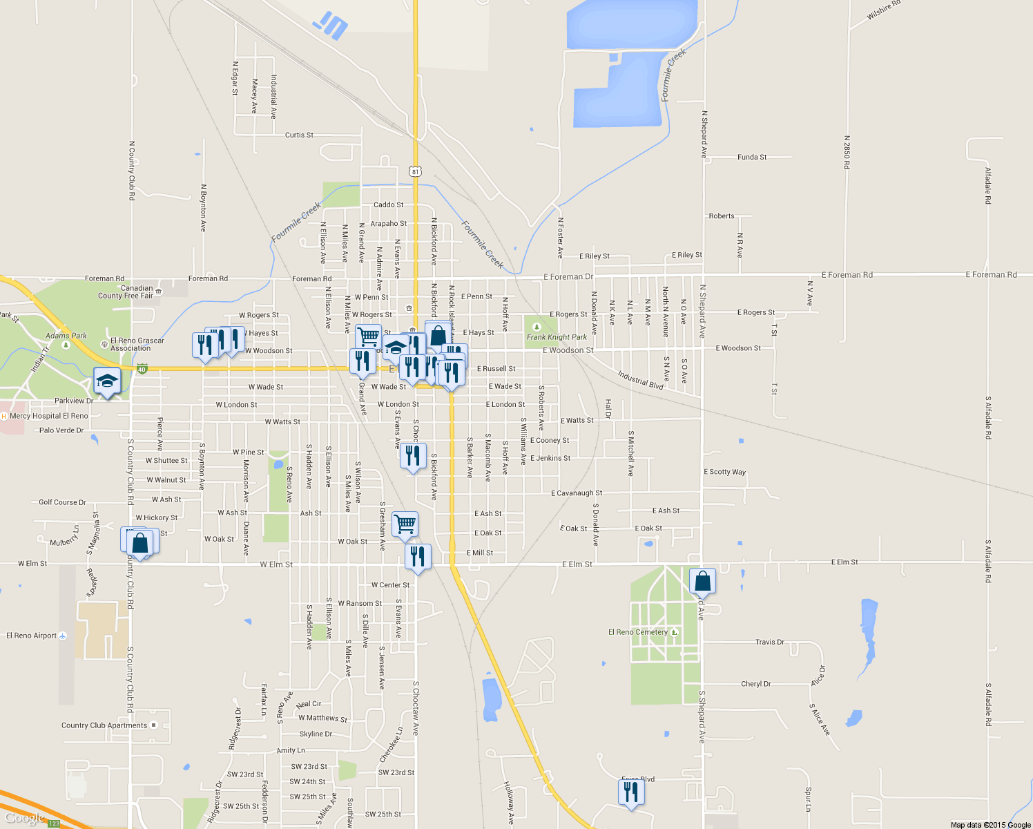 map of restaurants, bars, coffee shops, grocery stores, and more near 400 South Williams Avenue in El Reno