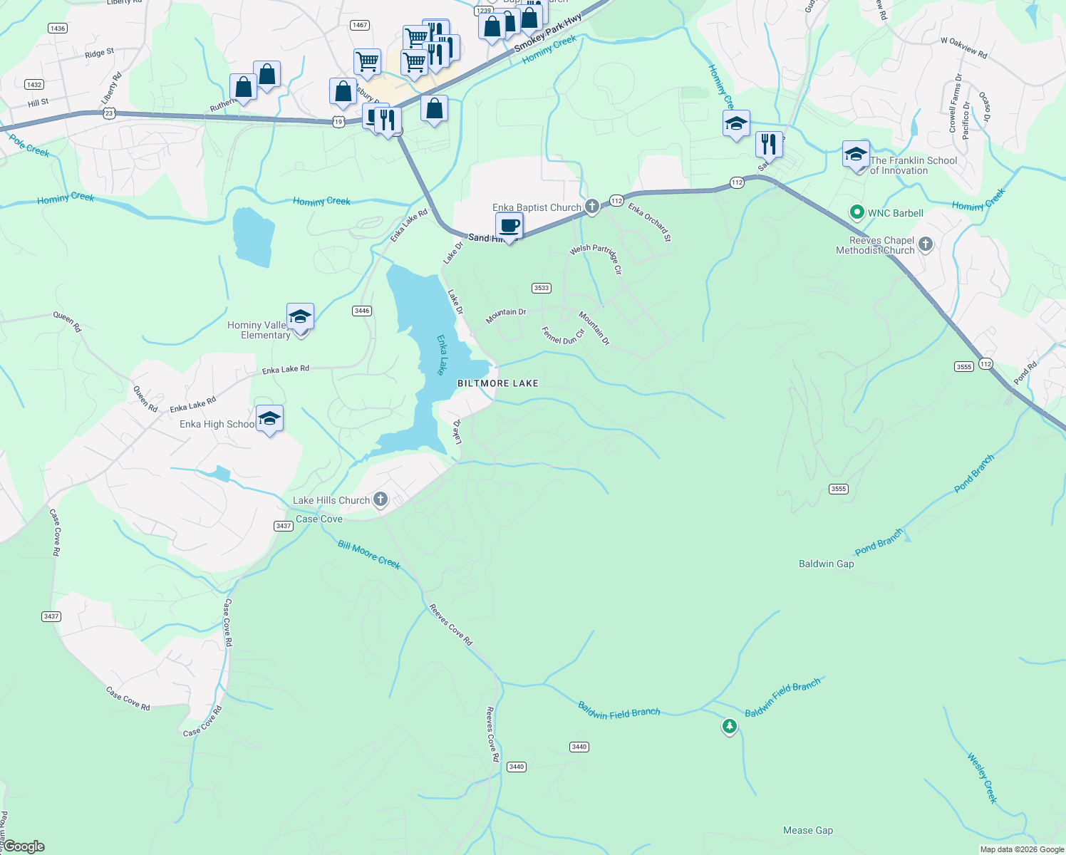 map of restaurants, bars, coffee shops, grocery stores, and more near 37 Caddis Court in Buncombe County