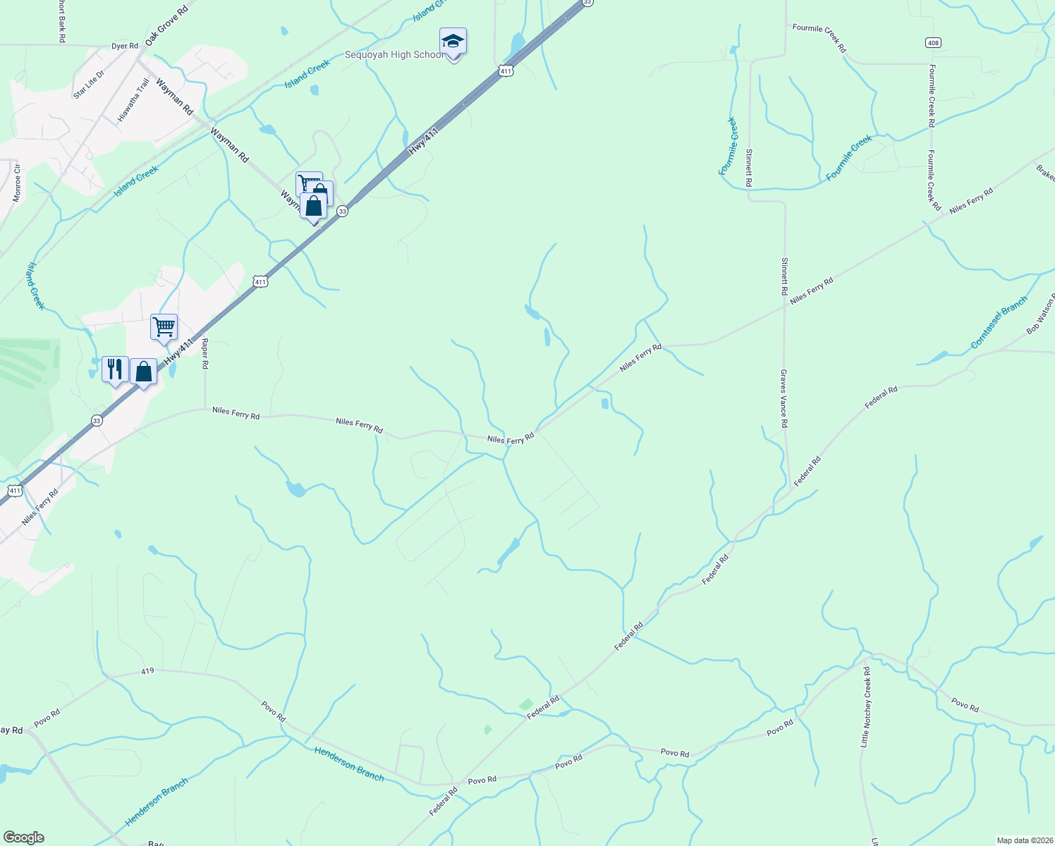 map of restaurants, bars, coffee shops, grocery stores, and more near 1565 Niles Ferry Rd in Madisonville