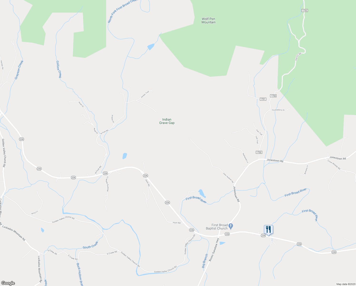 map of restaurants, bars, coffee shops, grocery stores, and more near 565 John Hudson Road in Bostic