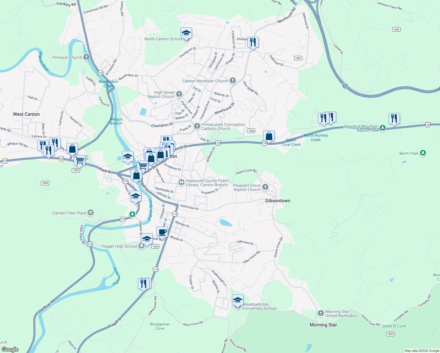 map of restaurants, bars, coffee shops, grocery stores, and more near 77 Spring Street in Canton