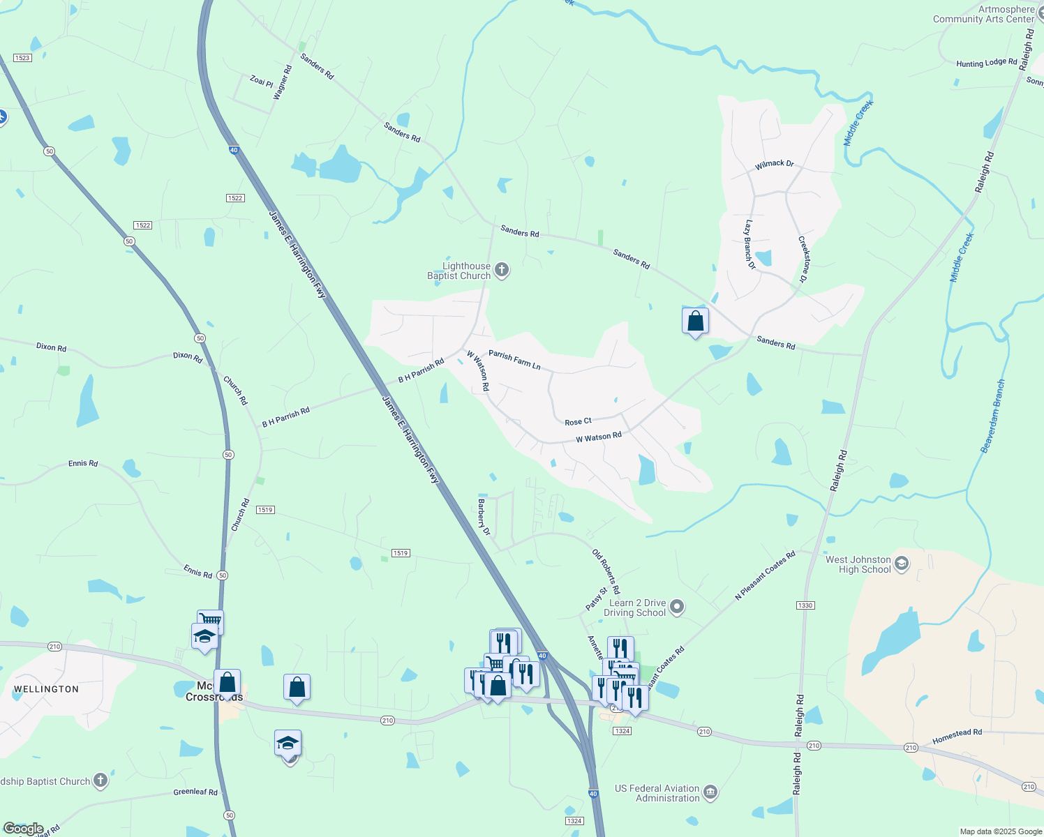 map of restaurants, bars, coffee shops, grocery stores, and more near 800 West Watson Road in Benson