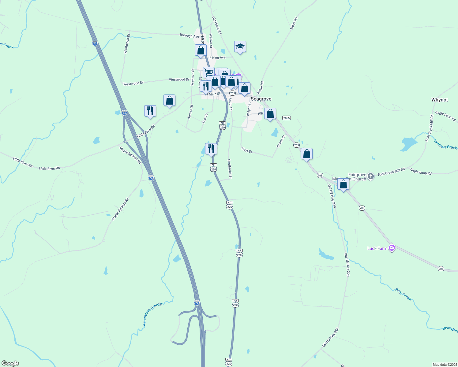 map of restaurants, bars, coffee shops, grocery stores, and more near 5963 Southrock Street in Seagrove