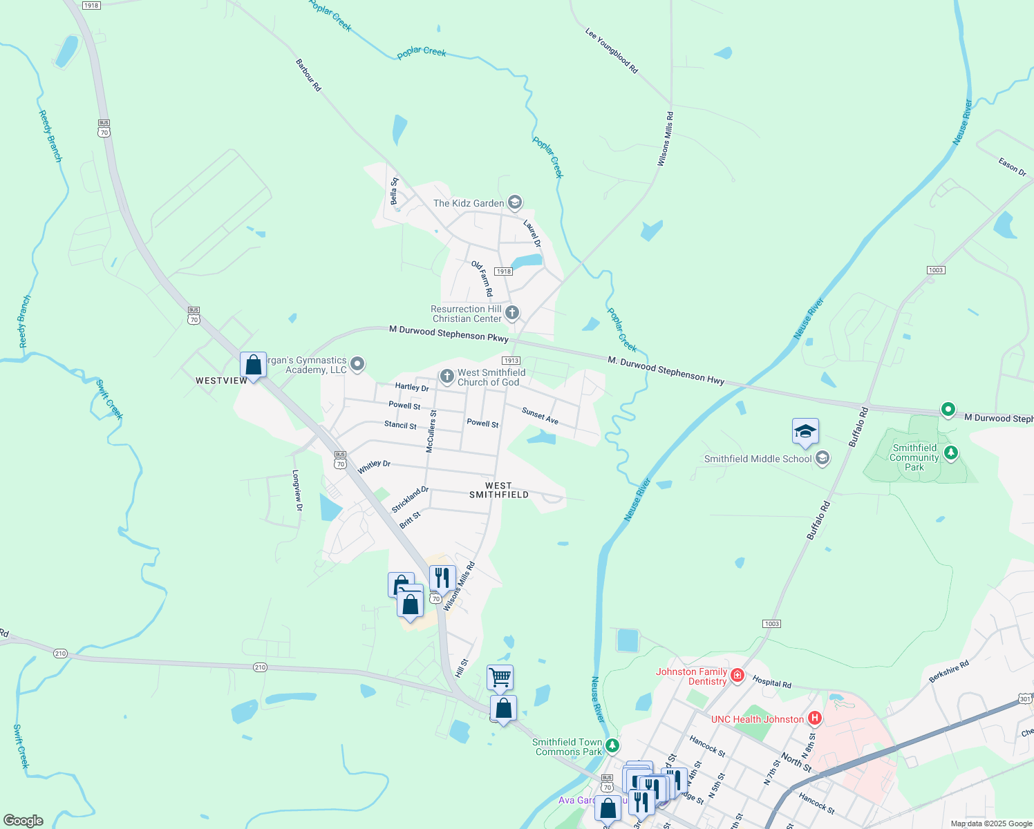 map of restaurants, bars, coffee shops, grocery stores, and more near 102 Sunset Ave in Smithfield