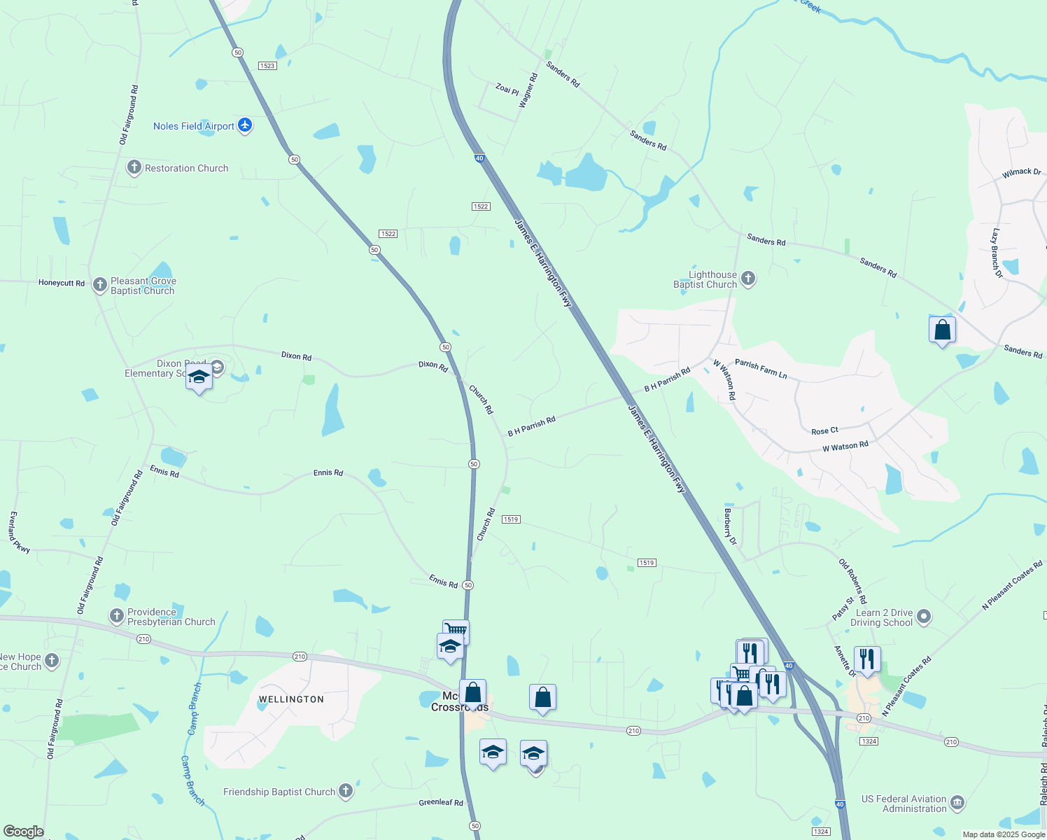 map of restaurants, bars, coffee shops, grocery stores, and more near 101 Peach Orchard Drive in Benson