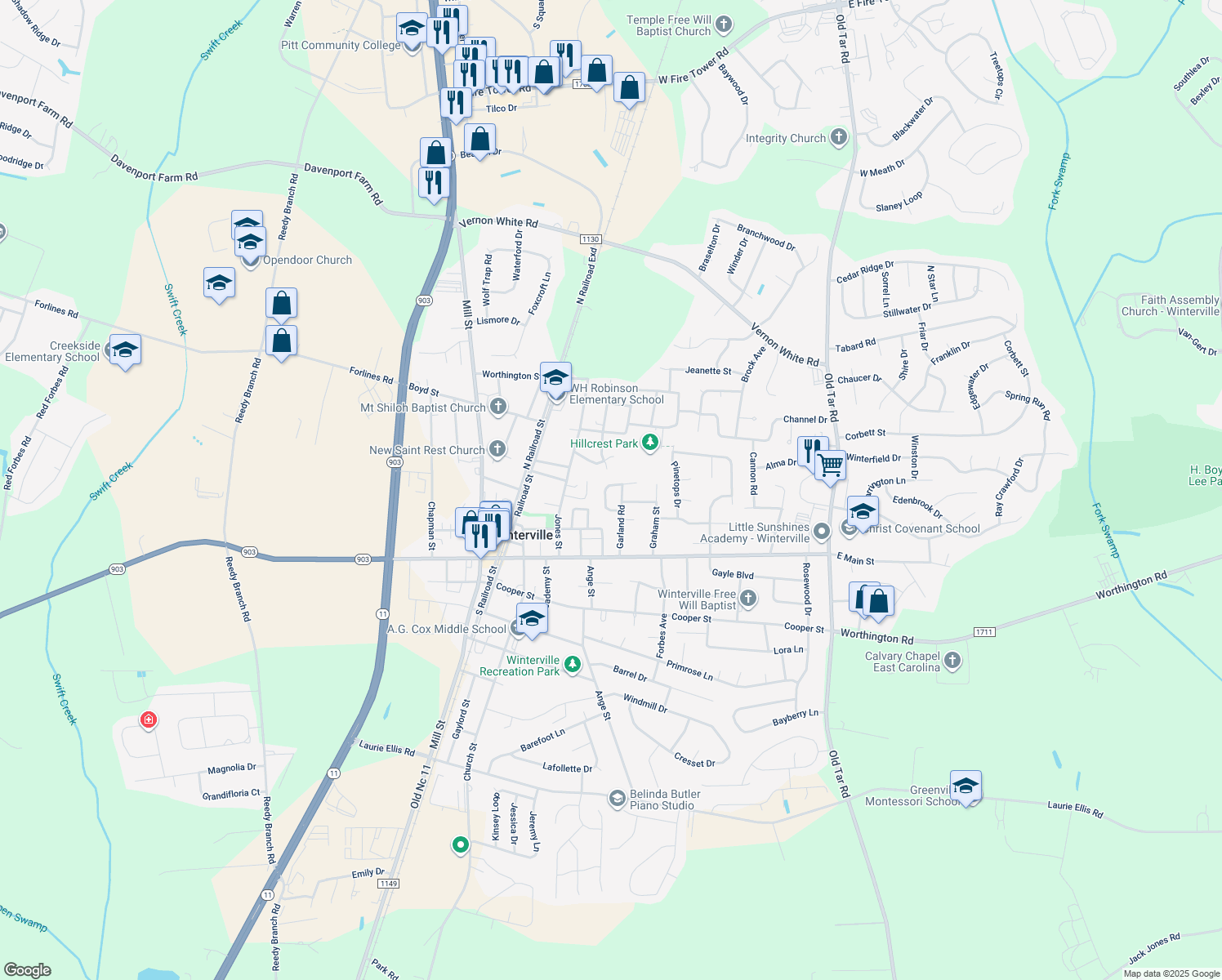 map of restaurants, bars, coffee shops, grocery stores, and more near 346 Johnson Lane in Winterville