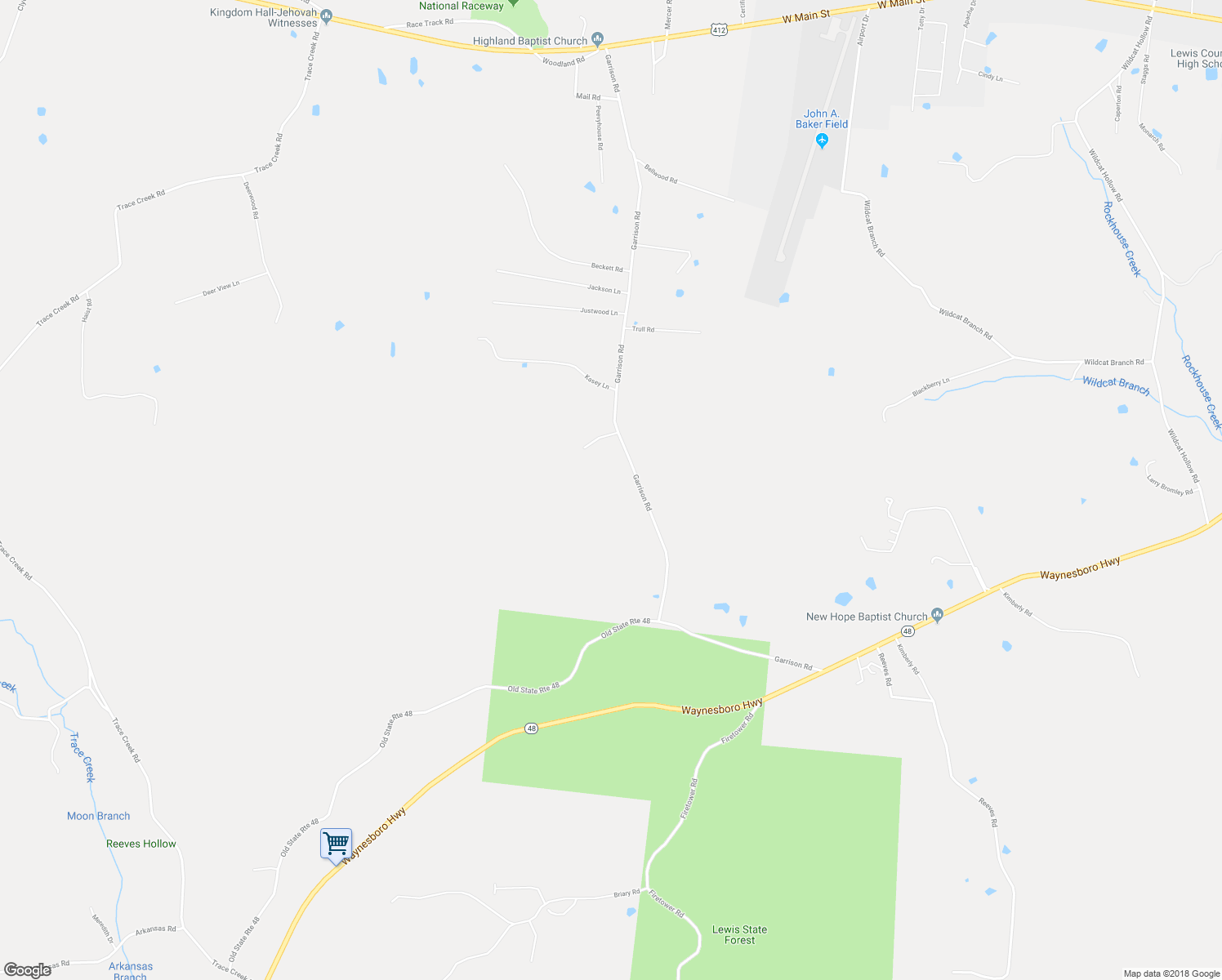 map of restaurants, bars, coffee shops, grocery stores, and more near 554 Garrison Road in Hohenwald