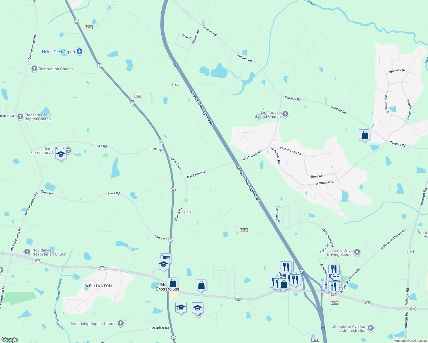 map of restaurants, bars, coffee shops, grocery stores, and more near 212 B H Parrish Road in Benson