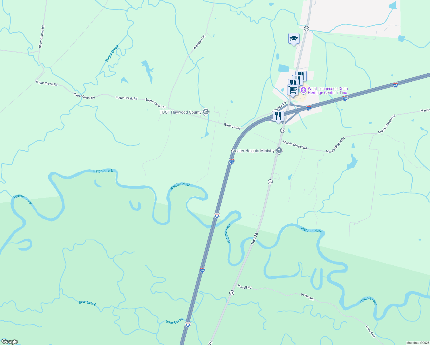 map of restaurants, bars, coffee shops, grocery stores, and more near 3809 Windrow Road in Brownsville