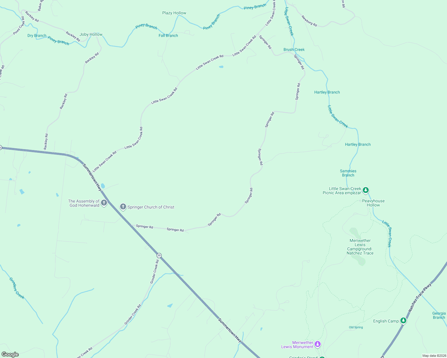 map of restaurants, bars, coffee shops, grocery stores, and more near 241 Springer Road in Hohenwald