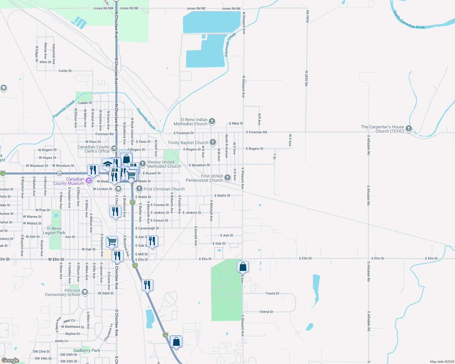 map of restaurants, bars, coffee shops, grocery stores, and more near 241 South N Avenue in El Reno