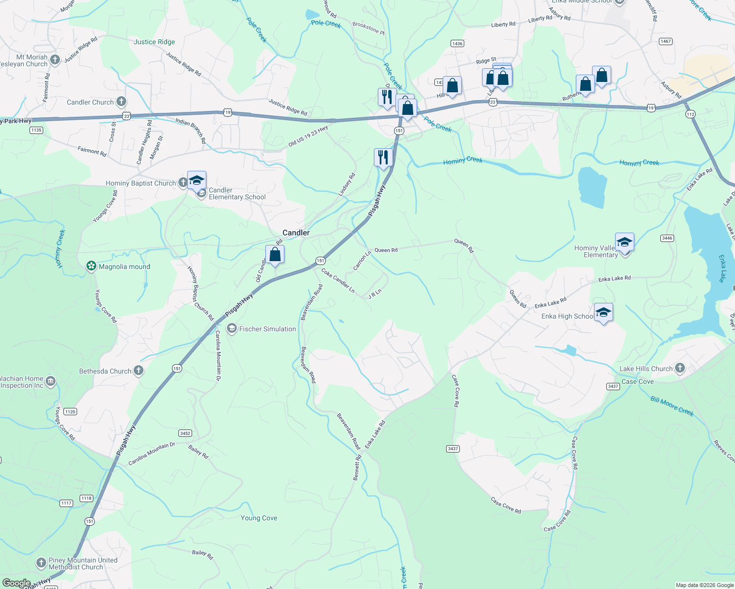 map of restaurants, bars, coffee shops, grocery stores, and more near 43 J R Lane in Candler