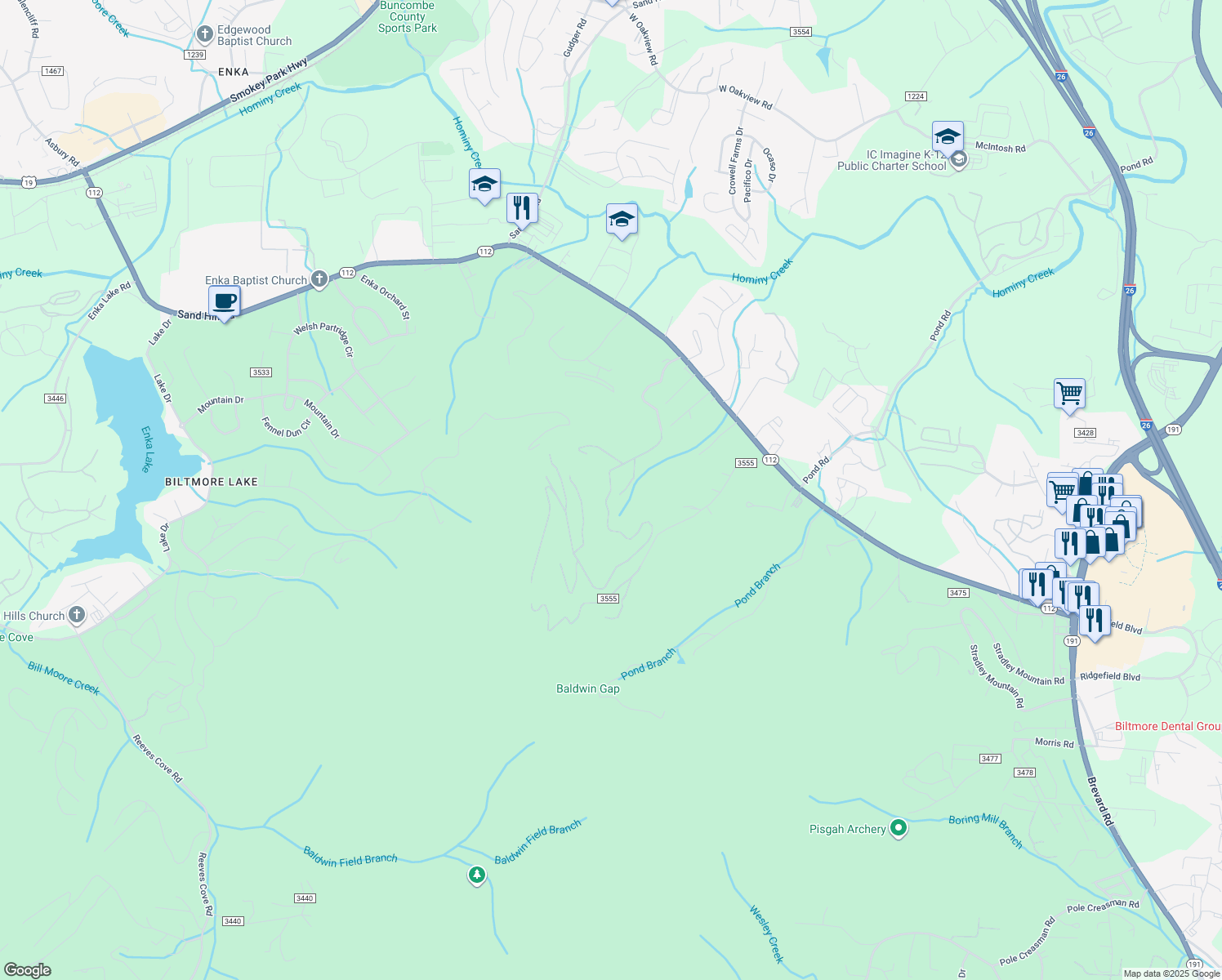map of restaurants, bars, coffee shops, grocery stores, and more near 446 Gaston Mountain Road in Asheville