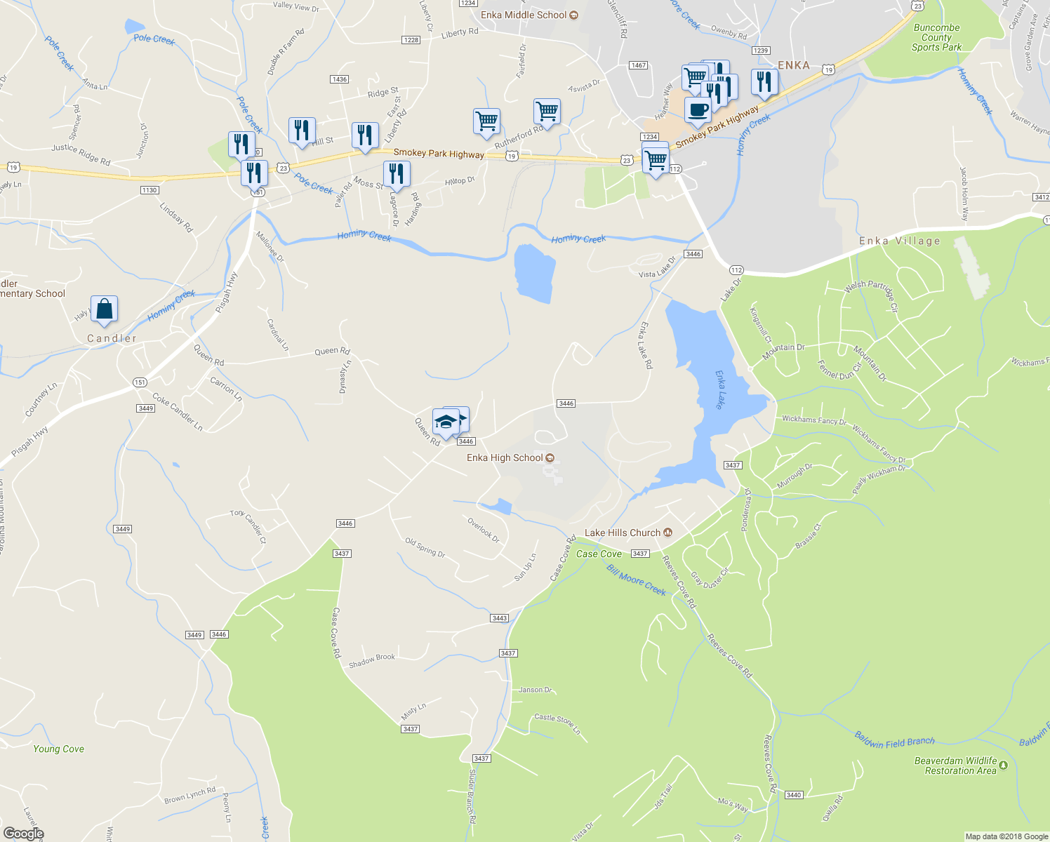 map of restaurants, bars, coffee shops, grocery stores, and more near 479 Enka Lake Road in Candler