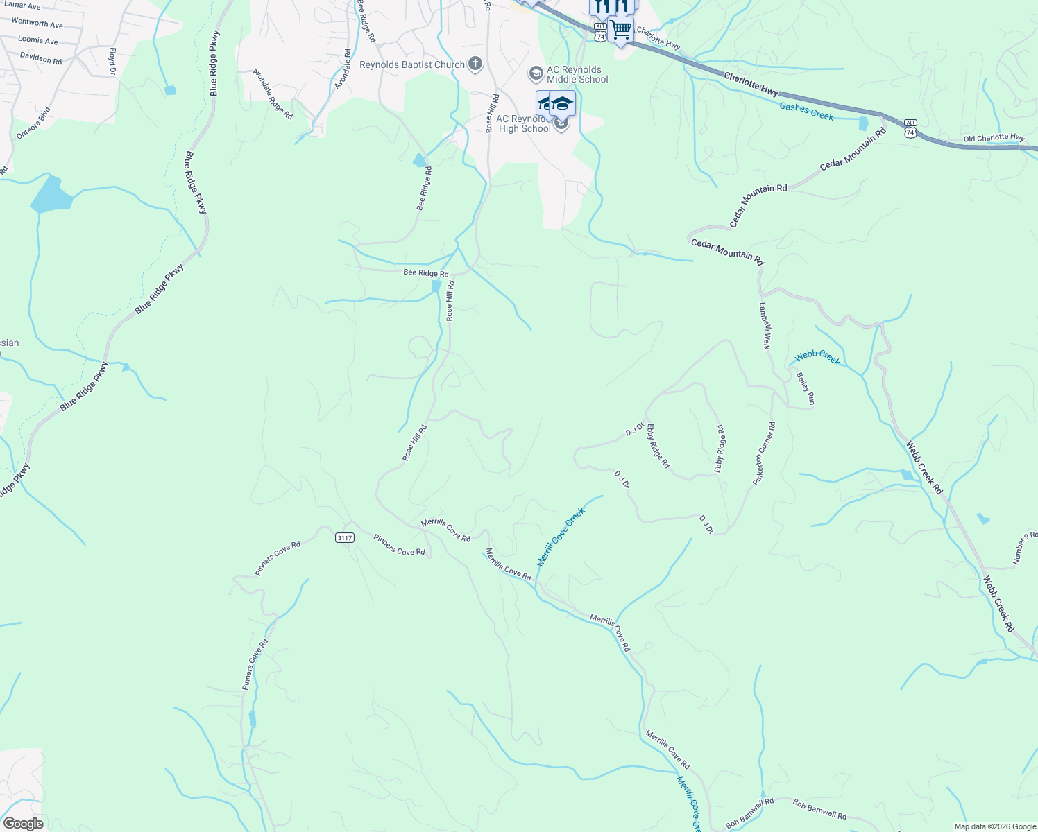 map of restaurants, bars, coffee shops, grocery stores, and more near 58 Flora Rose Trail in Asheville