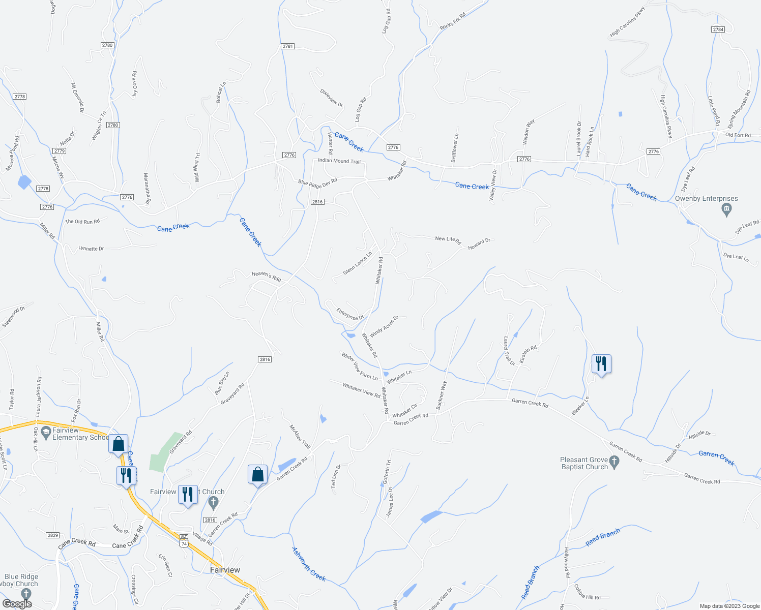 map of restaurants, bars, coffee shops, grocery stores, and more near 123 Whitaker Road in Fairview