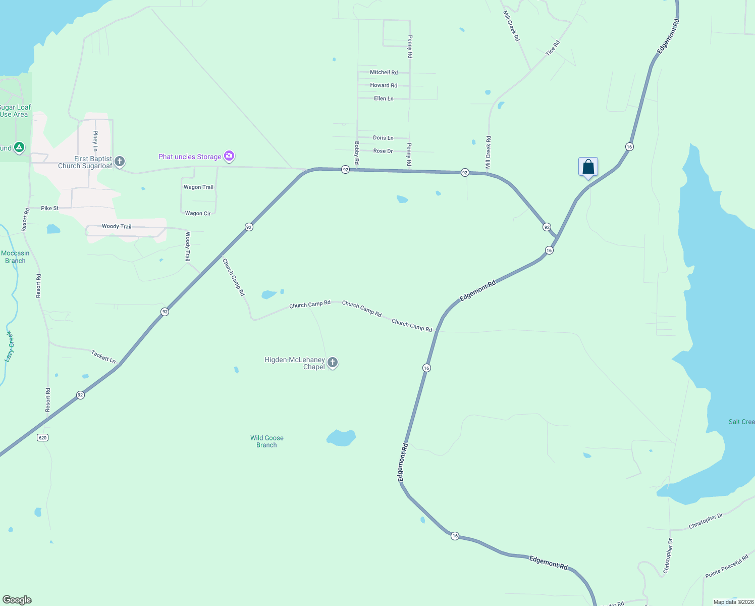 map of restaurants, bars, coffee shops, grocery stores, and more near 150 Church Camp Road in Higden