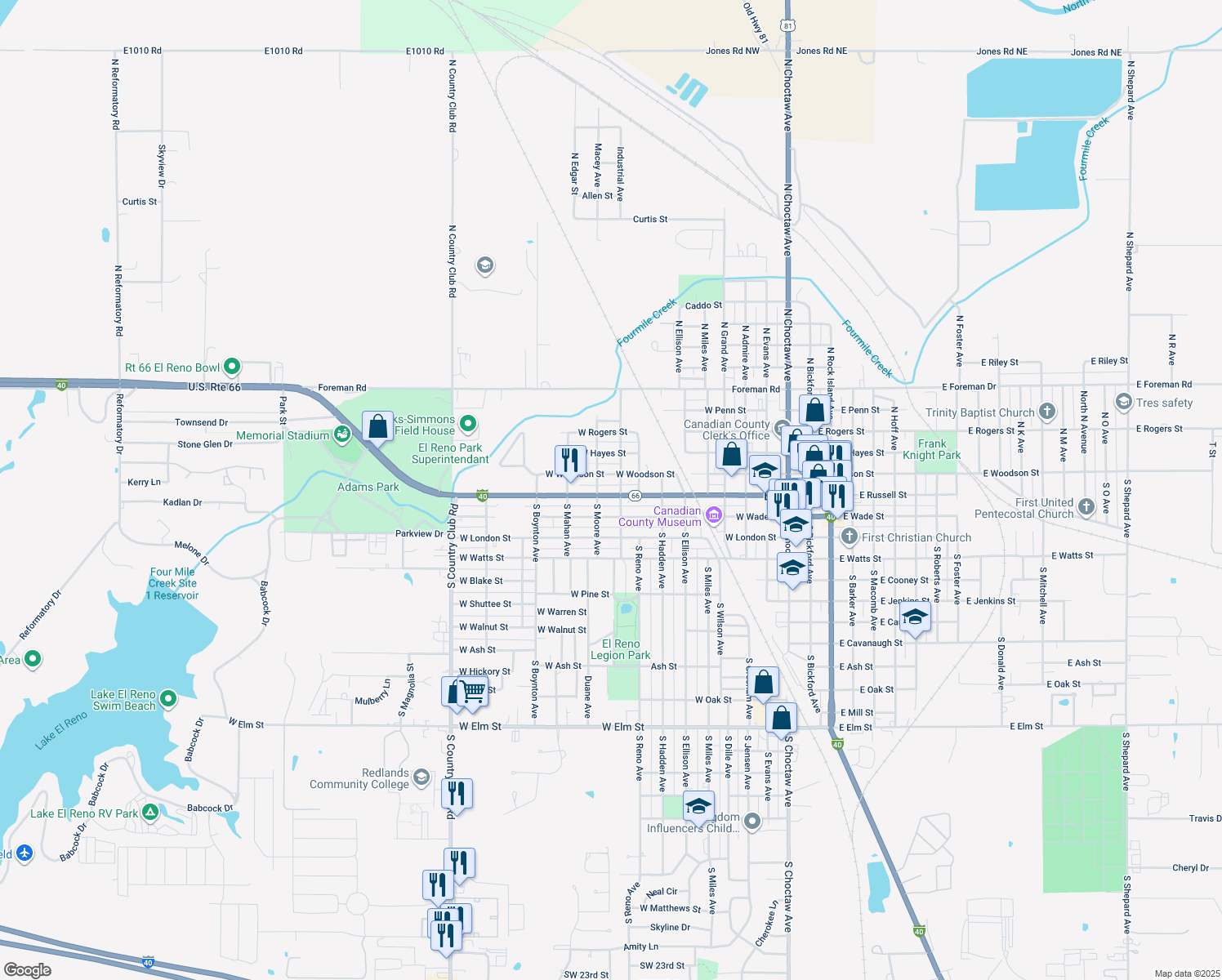 map of restaurants, bars, coffee shops, grocery stores, and more near 1008 Sunset Drive in El Reno