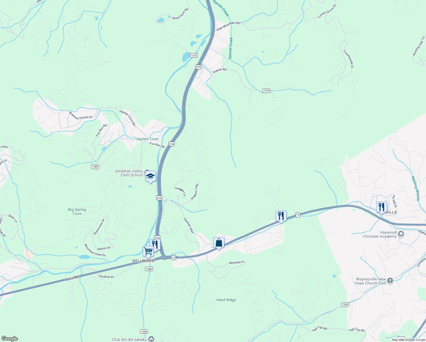 map of restaurants, bars, coffee shops, grocery stores, and more near 30 Proud Merry Trail in Waynesville