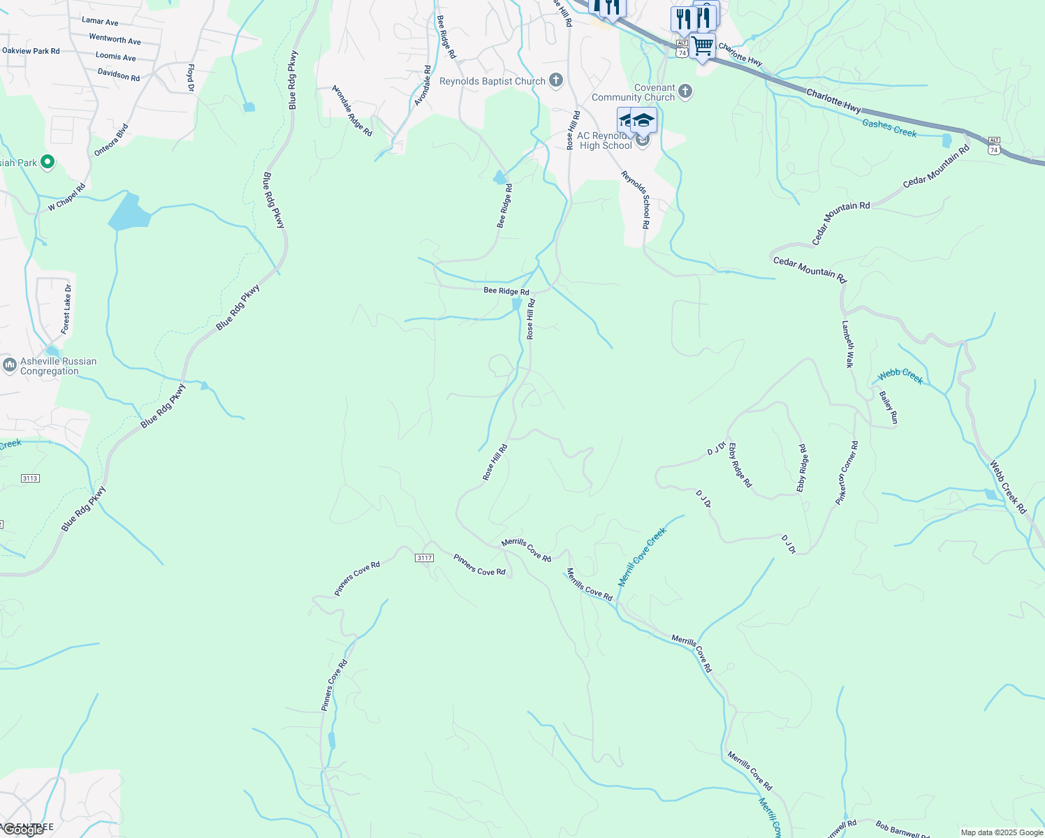 map of restaurants, bars, coffee shops, grocery stores, and more near 188 Rose Hill Road in Asheville