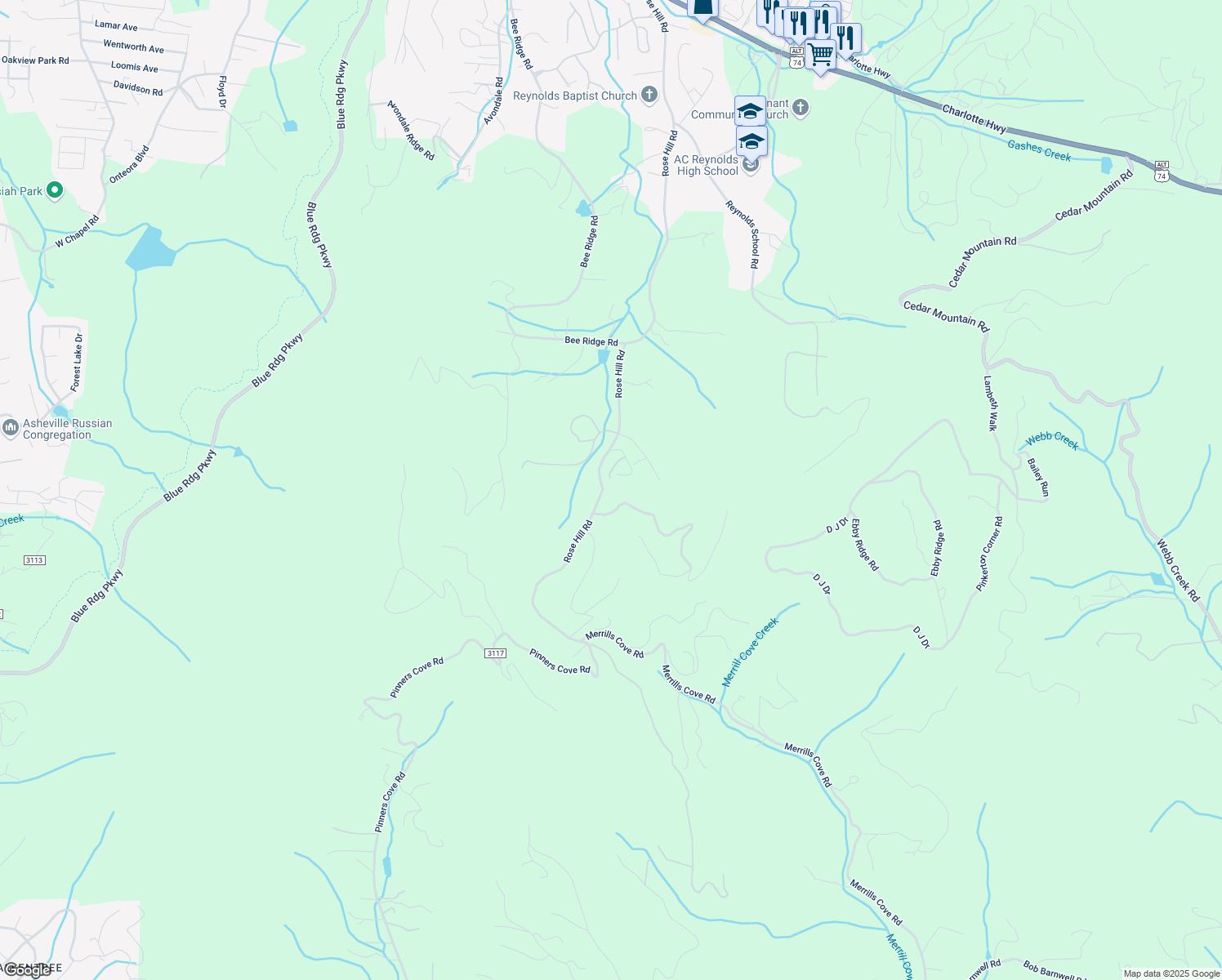 map of restaurants, bars, coffee shops, grocery stores, and more near 188 Rose Hill Road in Asheville