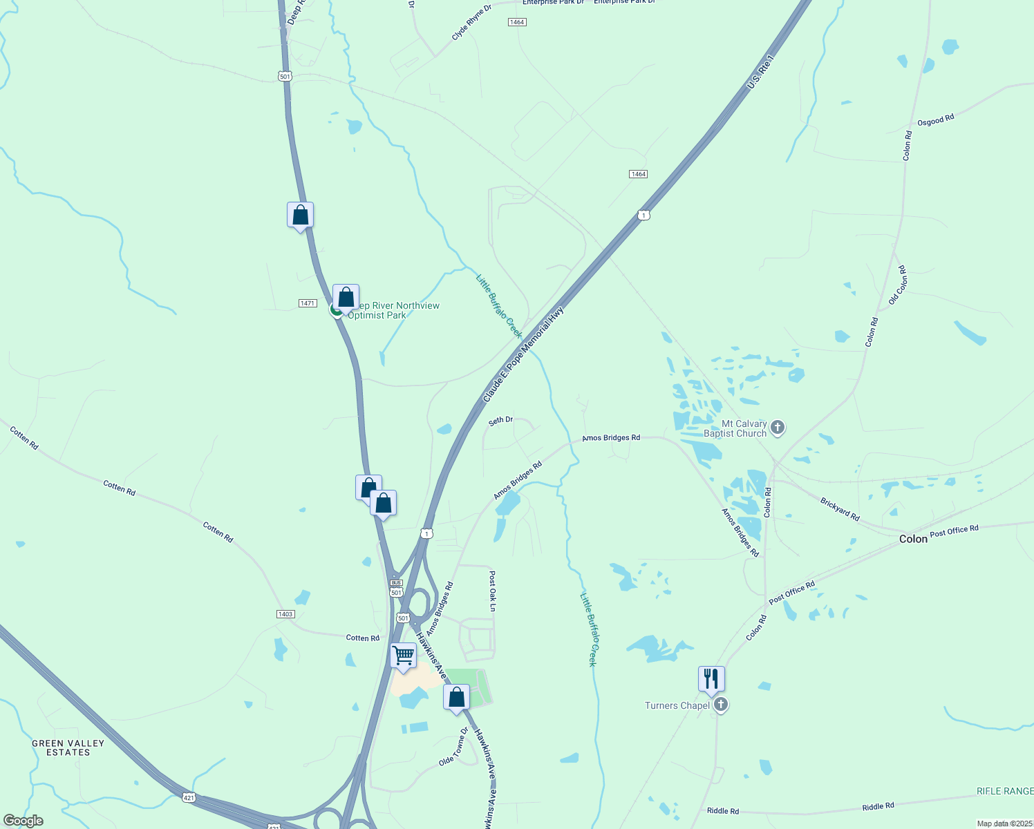 map of restaurants, bars, coffee shops, grocery stores, and more near 3301 Seth Drive in Sanford