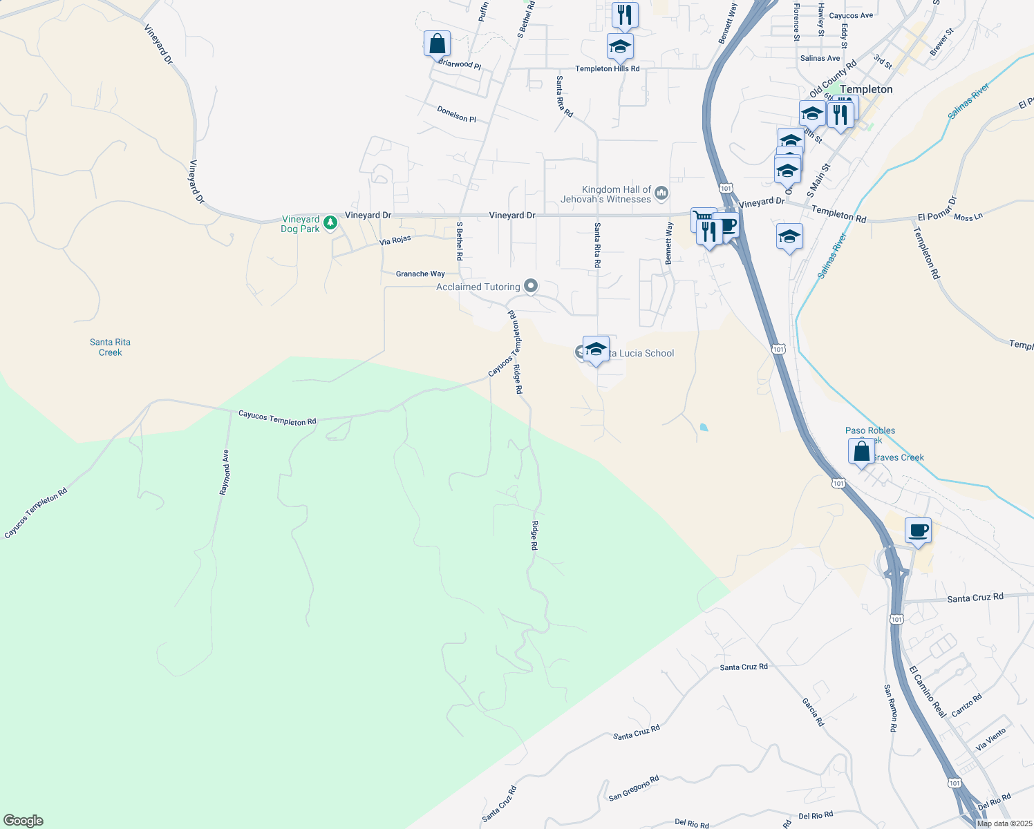 map of restaurants, bars, coffee shops, grocery stores, and more near 1490 Ridge Road in Templeton
