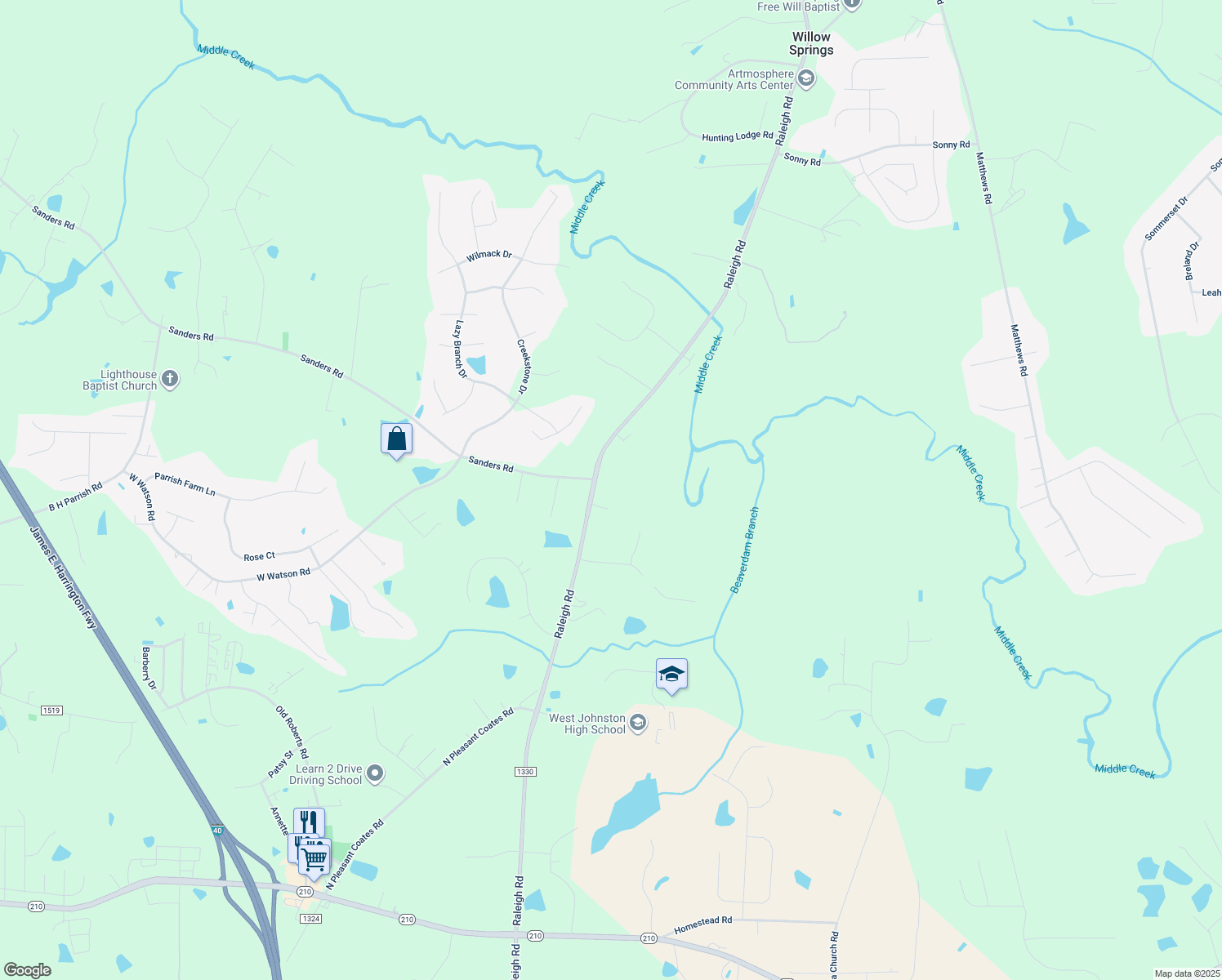 map of restaurants, bars, coffee shops, grocery stores, and more near 5273 Raleigh Road in Benson