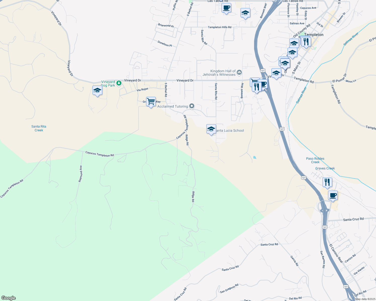 map of restaurants, bars, coffee shops, grocery stores, and more near 1490 Ridge Road in Templeton